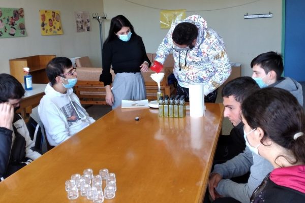 Students bottling the olive oil and preparing ointments with the help of their teachers.